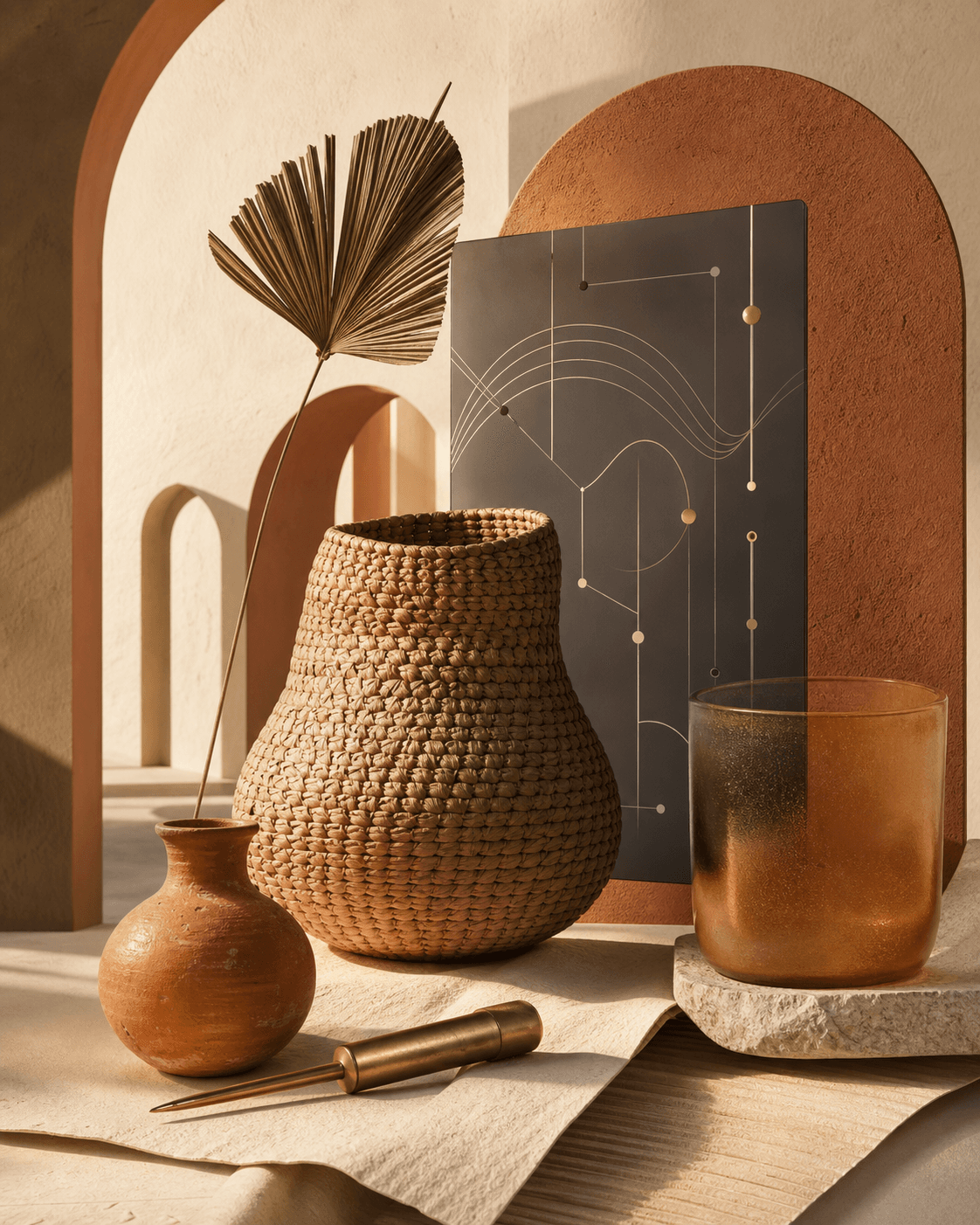 A sculptural composition of woven fibre, terracotta, brass and an abstract digital interface